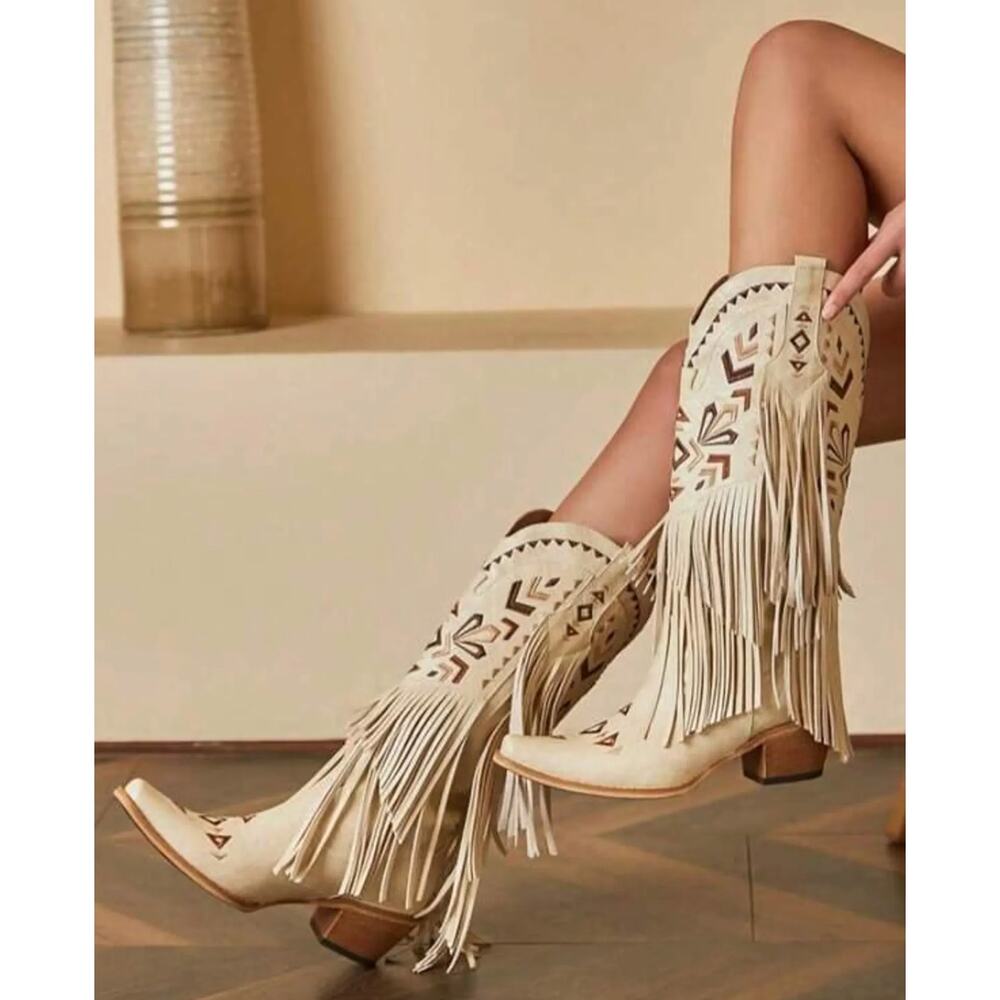 Cream White Fringe Cowboy Western Boot Aztec Inlay Pointed Toe Size 8.5